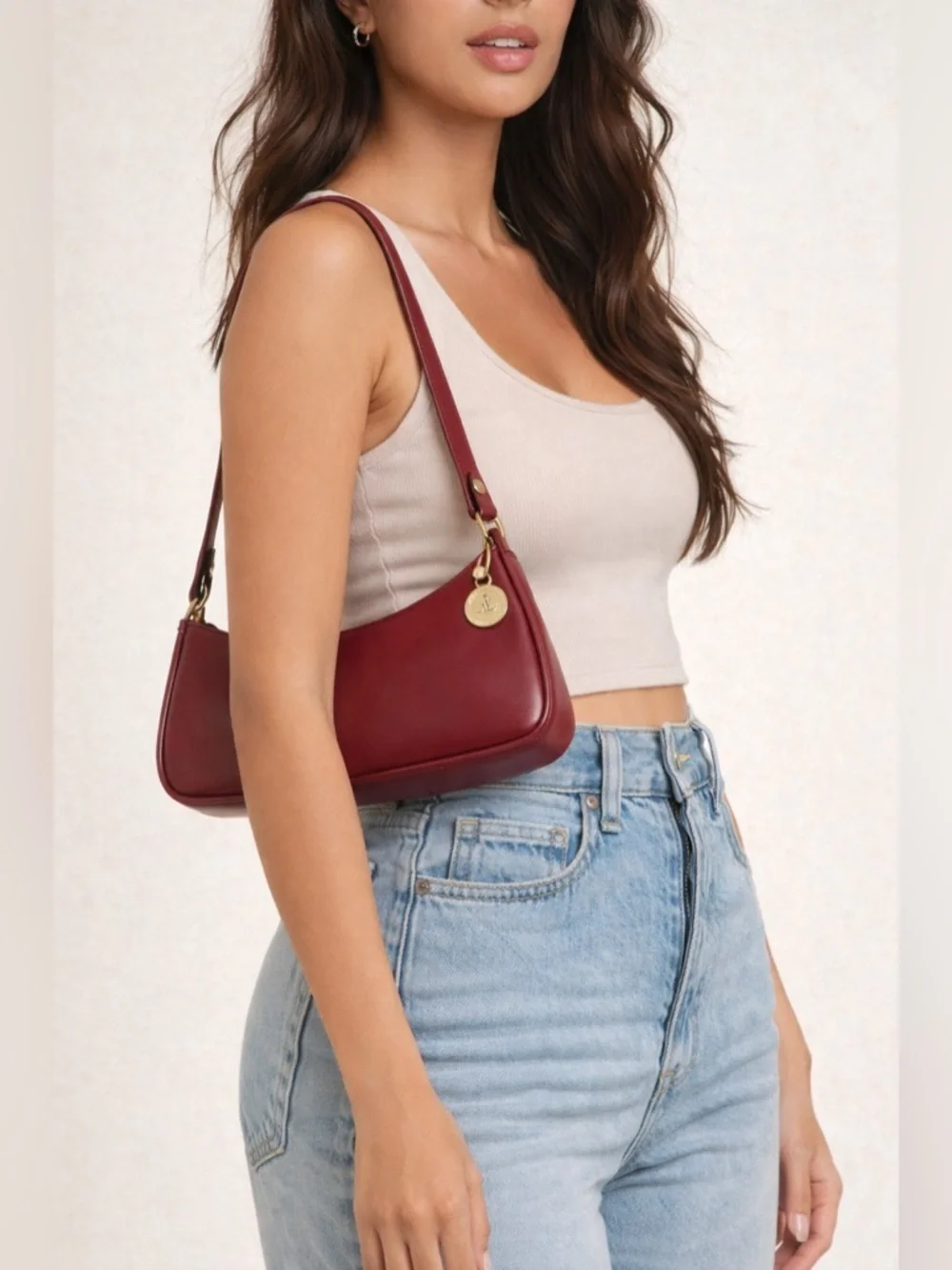 Brahmin Vintage Red Leather Baguette Shoulder Bag Y2K Minimalist Mini Hobo